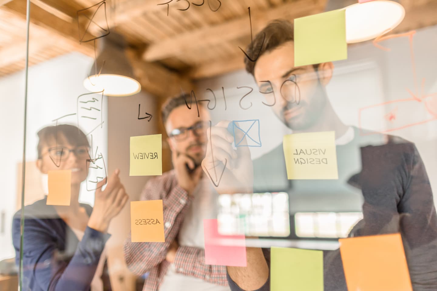 Group of people discussing and noting it on a board