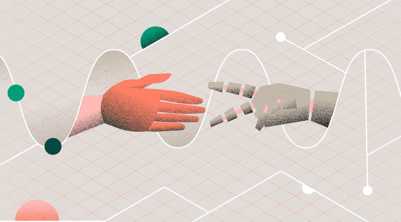 Abstract illustration of a coral-coloured hand reaching towards fragmented grey shapes on a grid background with green circles.