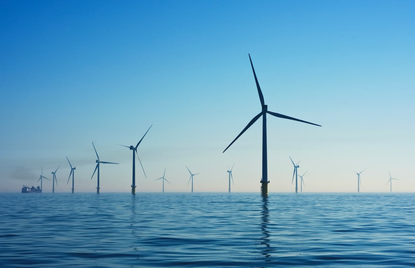 A long shot of the Rampion Offshore Wind Farm, United Kingdom