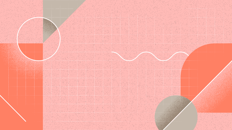 Abstract geometric design with pink and coral shapes, white grid lines, grey circles, and wavy white line on textured background.