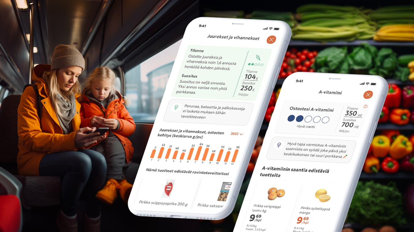 Woman and child on bus using nutrition tracking app showing vegetable intake and vitamin A levels against produce background.