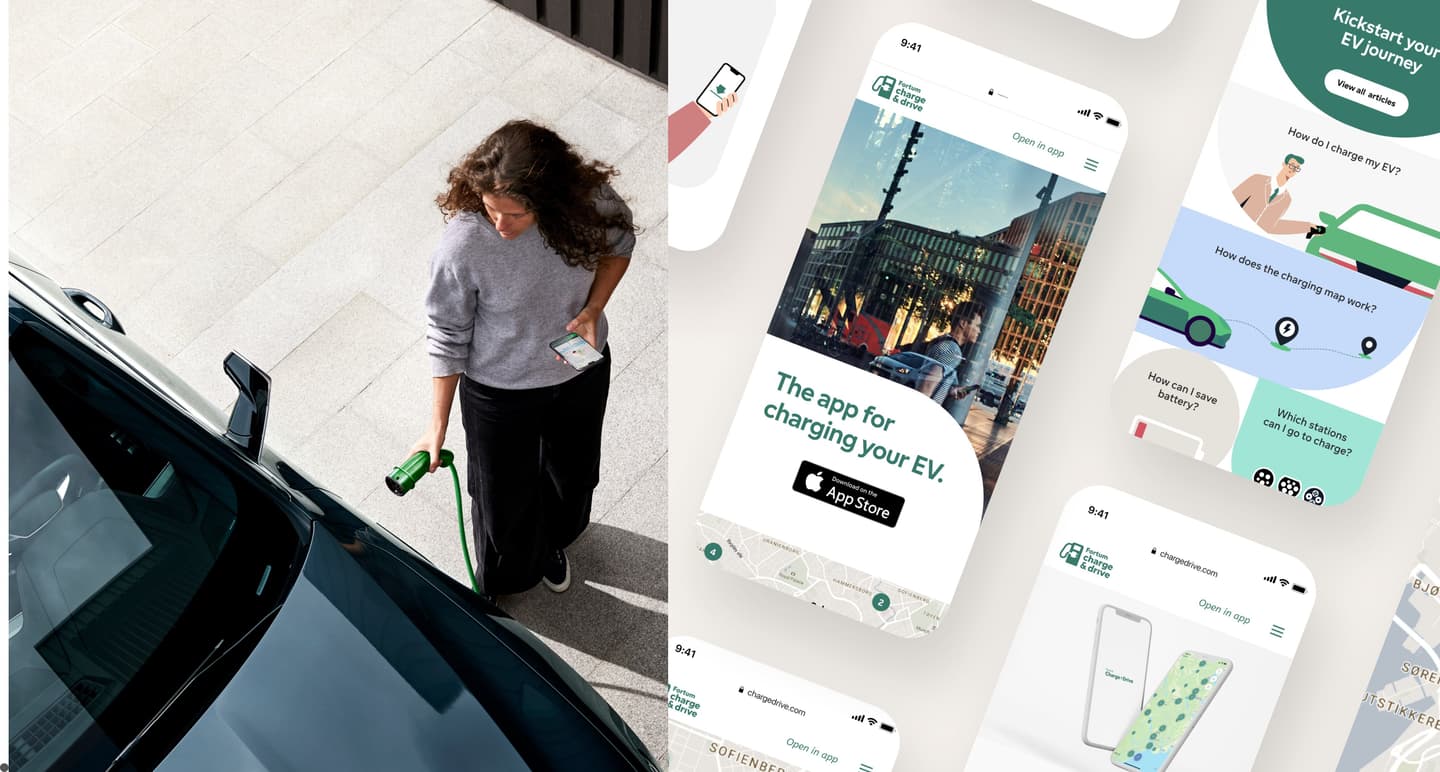 Person charging electric vehicle alongside mobile app screens showing EV charging features and information.