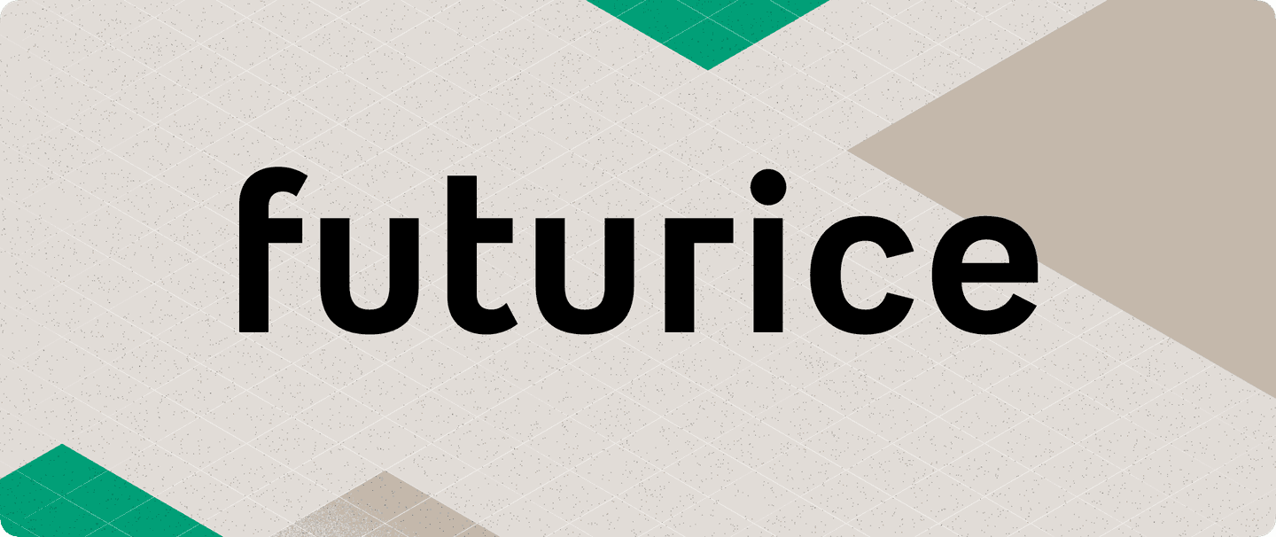 The word "futurice" in black text on a minimalist background with green and beige geometric shapes.