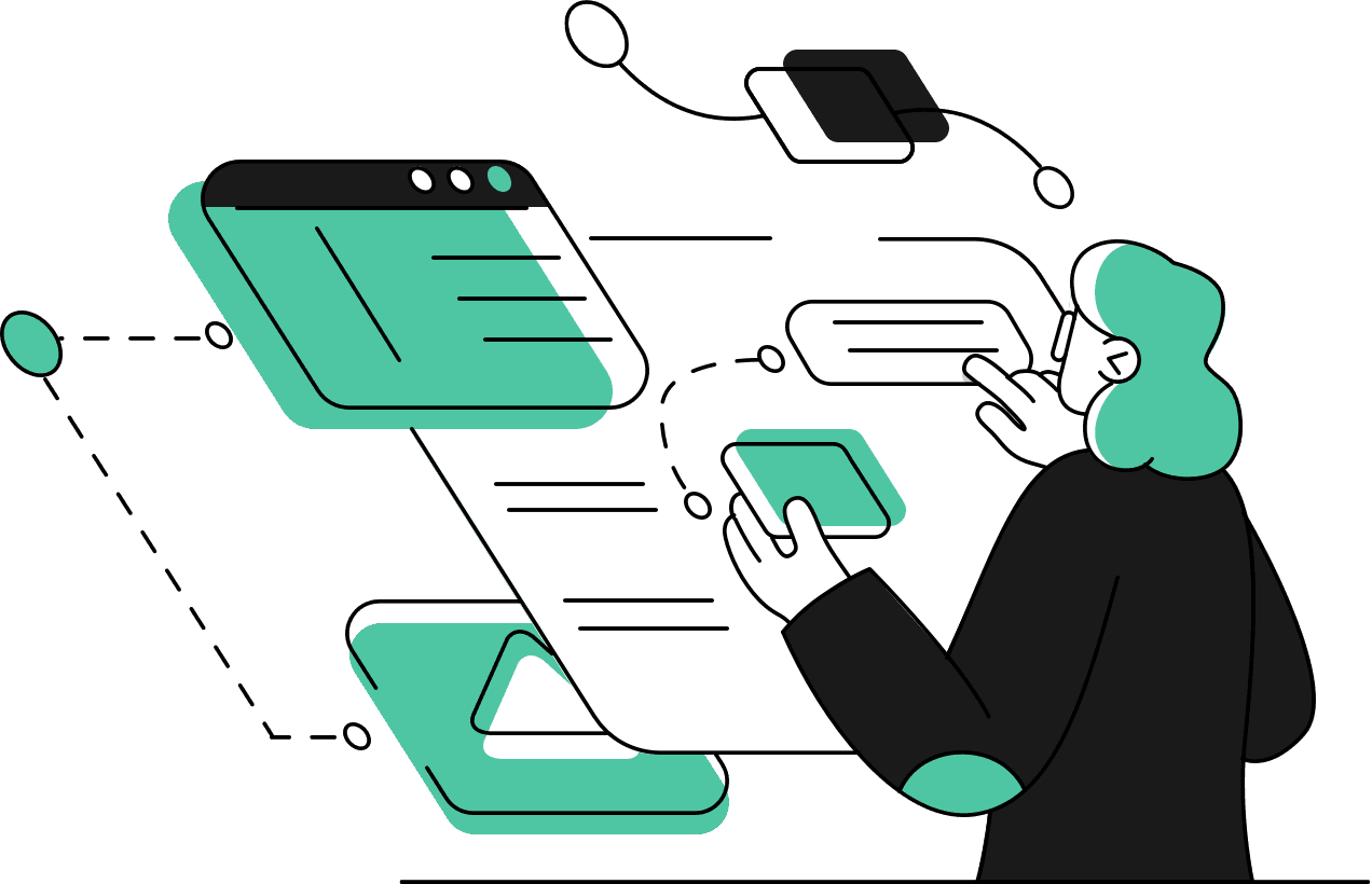 Stylized illustration of a person with green hair interacting with digital interfaces and mobile devices in turquoise.